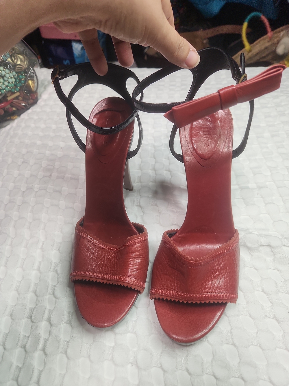 Women's Red Leather Open-Toe Heels with Ankle Strap